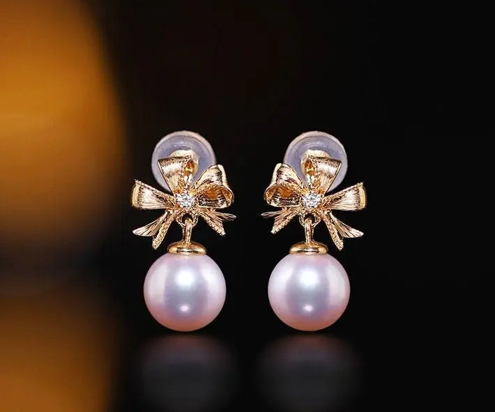 18K Yellow Gold Natural High Luster White Pearl & White Diamond Earrings, Handmade Bowknot Stud Earrings Etsy