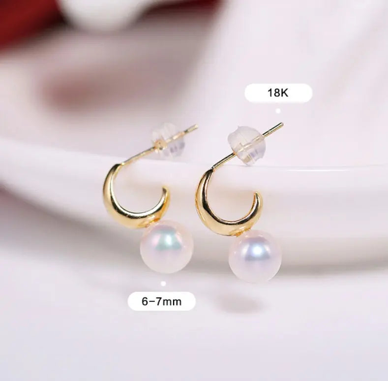 7mm Natural High Luster White Pearl & White Diamond Earrings Handmade 18k Solid Yellow Gold White Pearl Earrings, Gift for Mom, Gift Idea Etsy