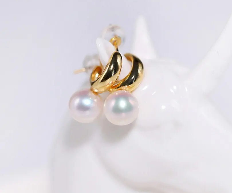 7mm Natural High Luster White Pearl & White Diamond Earrings Handmade 18k Solid Yellow Gold White Pearl Earrings, Gift for Mom, Gift Idea Etsy