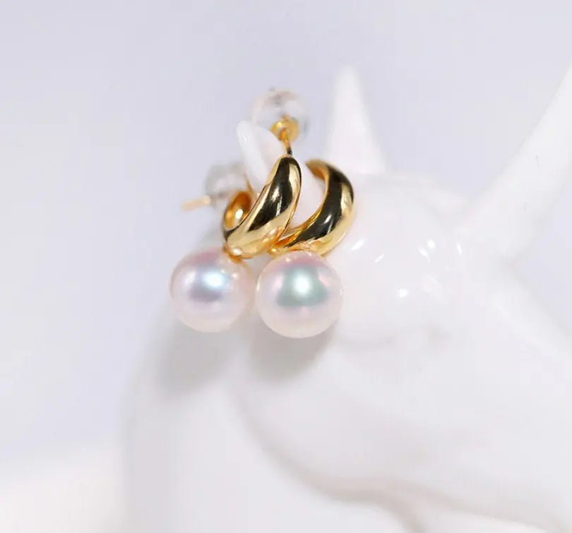 7mm Natural High Luster White Pearl & White Diamond Earrings Handmade 18k Solid Yellow Gold White Pearl Earrings, Gift for Mom, Gift Idea Etsy