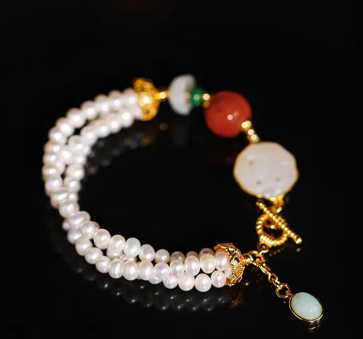 5mm Natural High Luster White Pearl & South Red Agate Rose Bracelet Handmade 18k Gold Plated Vermeil Jade Bracelet, Multi Pearl Bracelet Etsy