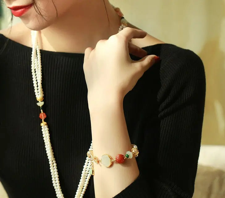 5mm Natural High Luster White Pearl & South Red Agate Rose Bracelet Handmade 18k Gold Plated Vermeil Jade Bracelet, Multi Pearl Bracelet Etsy