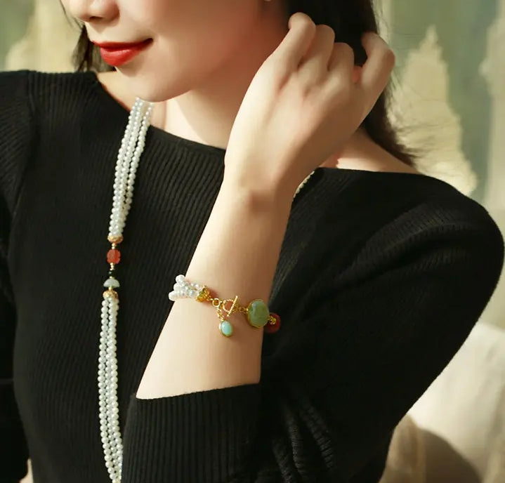 5mm Natural High Luster White Pearl & South Red Agate Rose Bracelet Handmade 18k Gold Plated Vermeil Jade Bracelet, Multi Pearl Bracelet Etsy