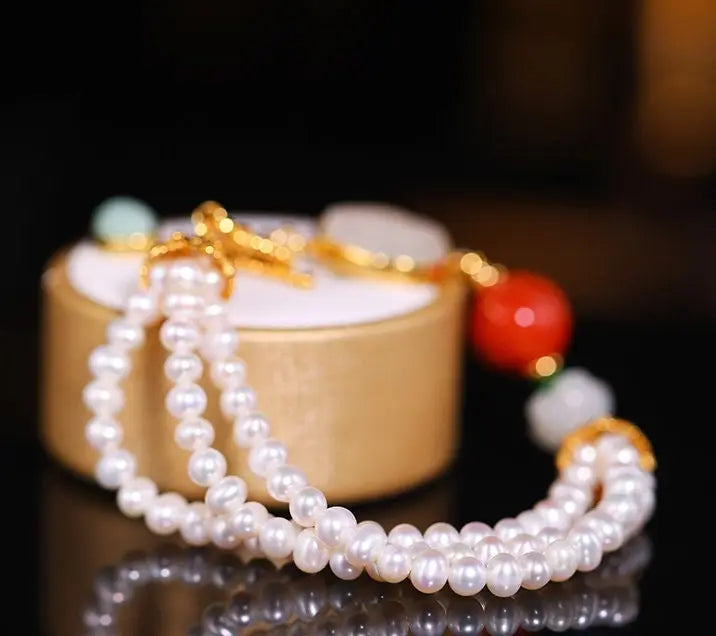 5mm Natural High Luster White Pearl & South Red Agate Rose Bracelet Handmade 18k Gold Plated Vermeil Jade Bracelet, Multi Pearl Bracelet Etsy