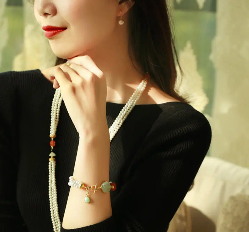 5mm Natural High Luster White Pearl & South Red Agate Rose Bracelet Handmade 18k Gold Plated Vermeil Jade Bracelet, Multi Pearl Bracelet Etsy