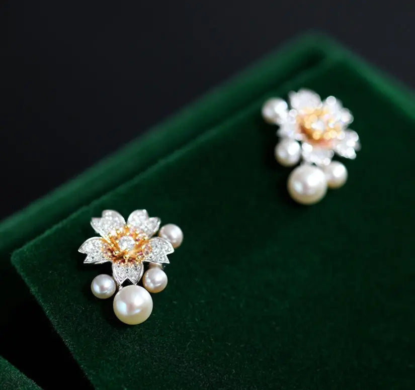 High Luster Akoya Pearl Earrings - Silver 925 Sakura Flower Design Etsy