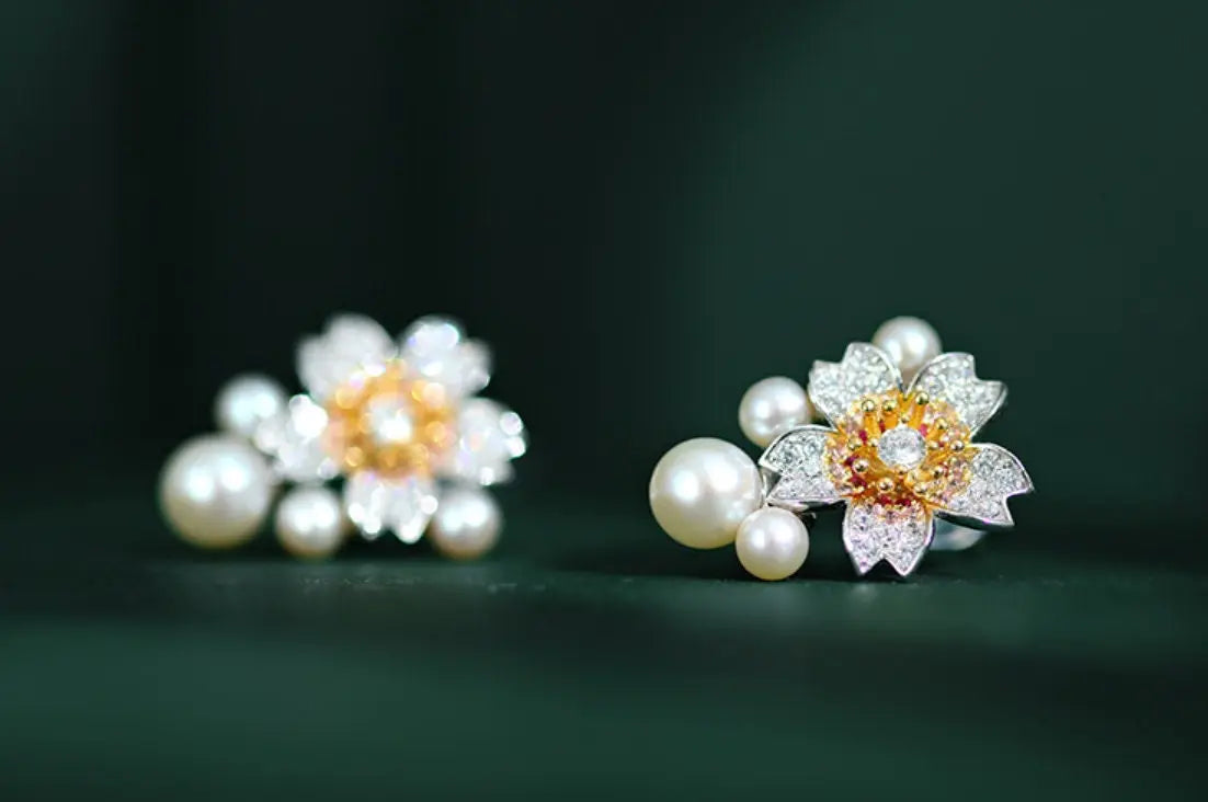 High Luster Akoya Pearl Earrings - Silver 925 Sakura Flower Design Etsy