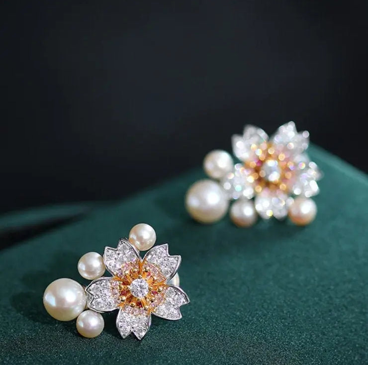 High Luster Akoya Pearl Earrings - Silver 925 Sakura Flower Design Etsy