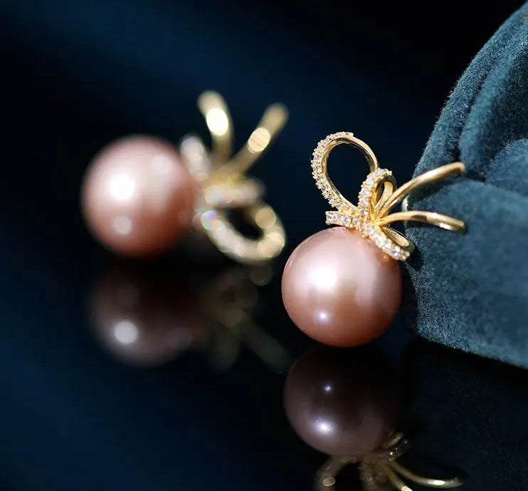 12-13mm Natural High Luster Pink Purple Pearl Earrings 18K Gold Plated Vermeil Bowknot Earrings, Edison Pearl Earrings Etsy