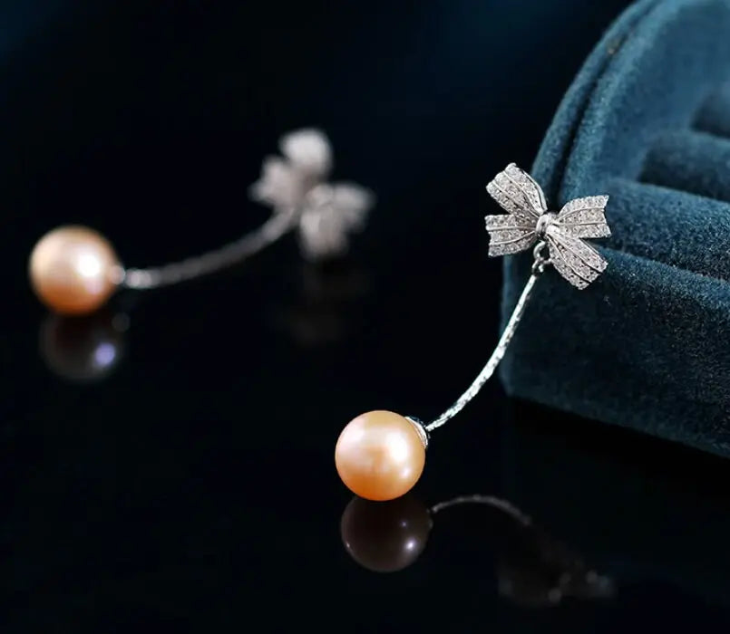 9mm Nude Pearl Silver Bowknot Earrings - Anniversary Etsy