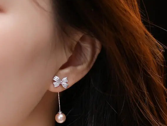 9mm Nude Pearl Silver Bowknot Earrings - Anniversary Etsy