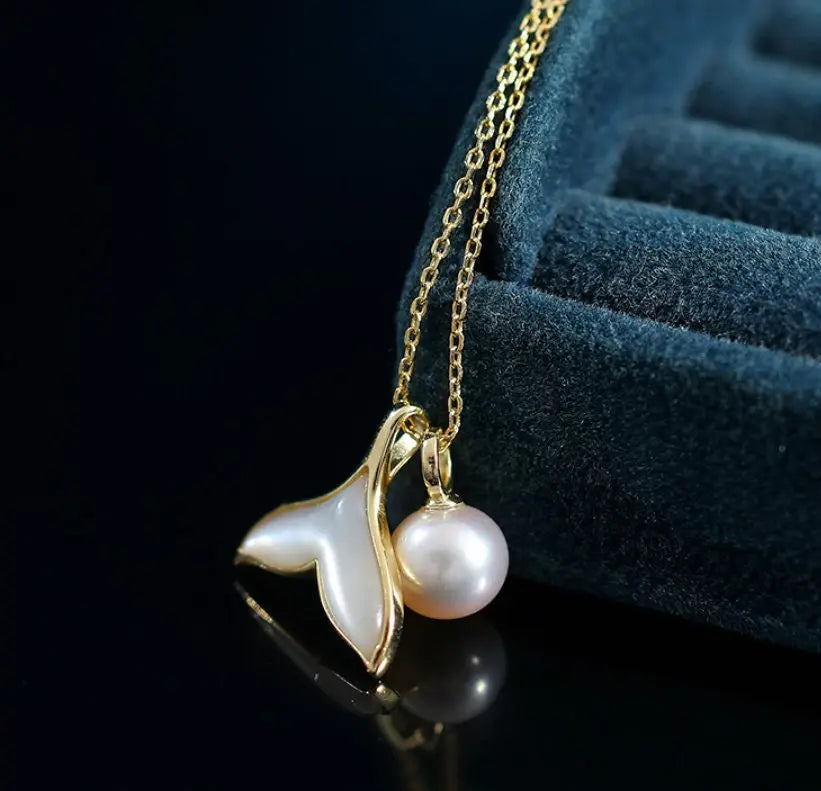 8mm Natural High Luster Pearl & Mother of Pearl Handmade 18K Gold Plated Vermeil Necklace, Dolphin Fin Necklace, Ocean Lover, Gift Idea - LaCorserArtJewelry
