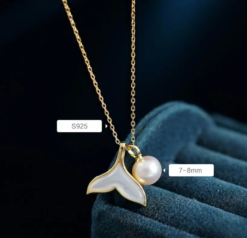 8mm Natural High Luster Pearl & Mother of Pearl Handmade 18K Gold Plated Vermeil Necklace, Dolphin Fin Necklace, Ocean Lover, Gift Idea - LaCorserArtJewelry