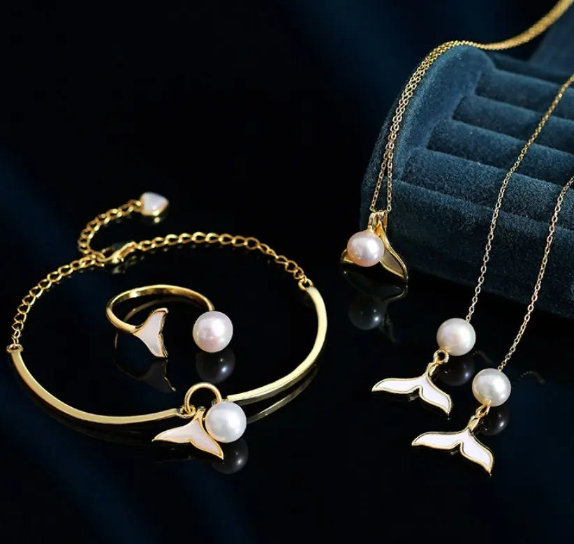 8mm Natural High Luster Pearl & Mother of Pearl Handmade 18K Gold Plated Vermeil Necklace, Dolphin Fin Necklace, Ocean Lover, Gift Idea - LaCorserArtJewelry