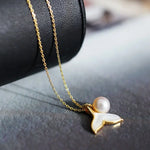 8mm Natural High Luster Pearl & Mother of Pearl Handmade 18K Gold Plated Vermeil Necklace, Dolphin Fin Necklace, Ocean Lover, Gift Idea - LaCorserArtJewelry