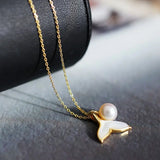 8mm Natural High Luster Pearl & Mother of Pearl Handmade 18K Gold Plated Vermeil Necklace, Dolphin Fin Necklace, Ocean Lover, Gift Idea - LaCorserArtJewelry