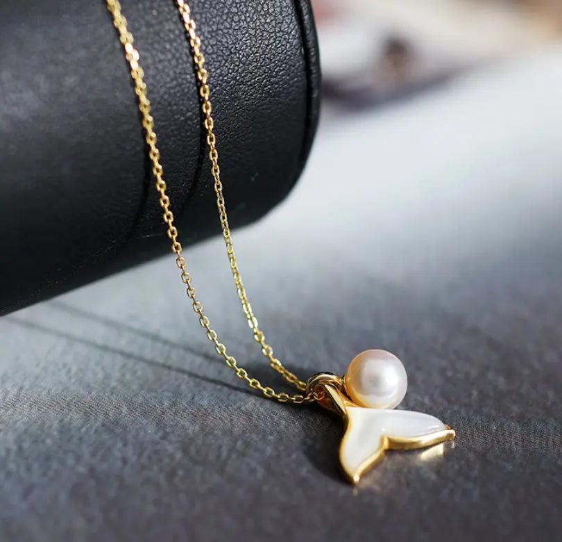 8mm Natural High Luster Pearl & Mother of Pearl Handmade 18K Gold Plated Vermeil Necklace, Dolphin Fin Necklace, Ocean Lover, Gift Idea - LaCorserArtJewelry
