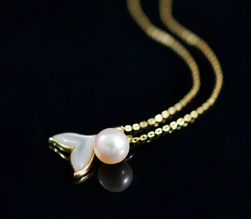 8mm Natural High Luster Pearl & Mother of Pearl Handmade 18K Gold Plated Vermeil Necklace, Dolphin Fin Necklace, Ocean Lover, Gift Idea - LaCorserArtJewelry
