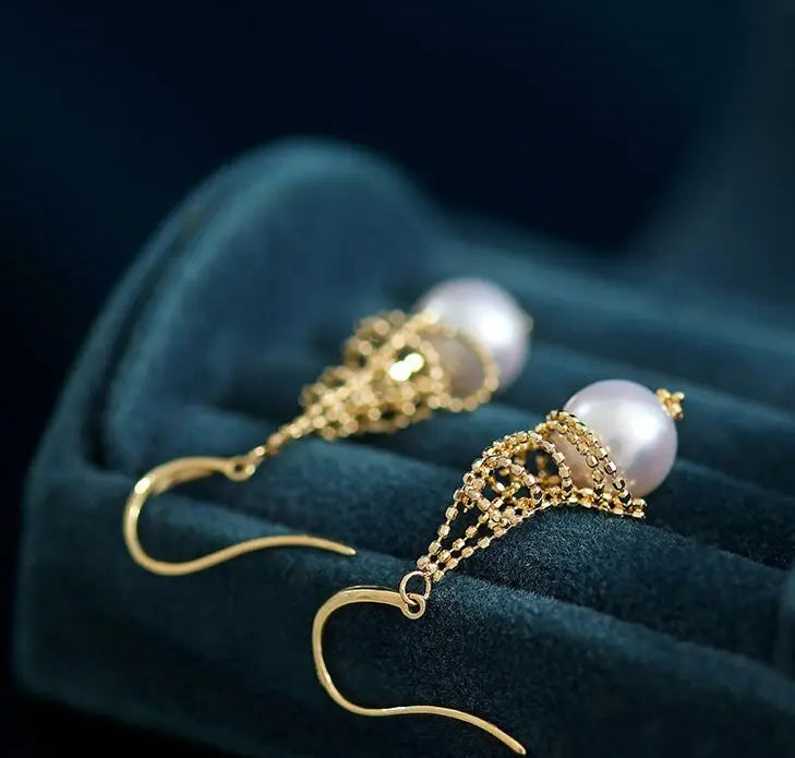 8mm Natural Japan Akoya Pearl Earrings 18k Solid Yellow Gold High Luster White Pearl Lace Earrings, Seawater Pearl, Anniversary Gift Idea Etsy