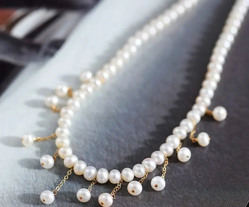 4-5mm Natural High Luster White Pearl Handmade 14K Yellow Gold Filled Beaded Pearl Drop Necklace, Freshwater Pearl Choker, Anniversary Gift - LaCorserArtJewelry