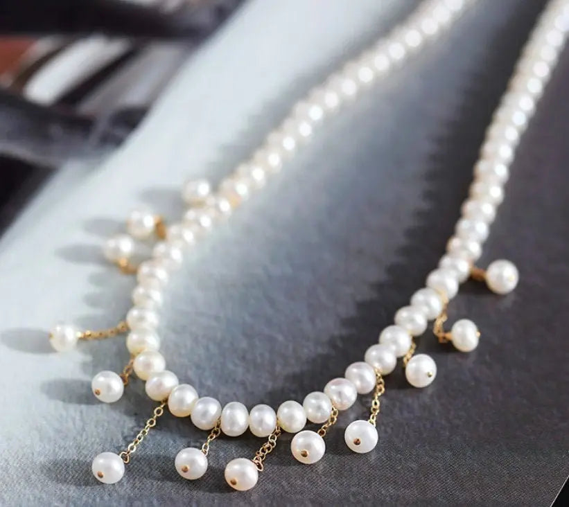 4-5mm Natural High Luster White Pearl Handmade 14K Yellow Gold Filled Beaded Pearl Drop Necklace, Freshwater Pearl Choker, Anniversary Gift - LaCorserArtJewelry