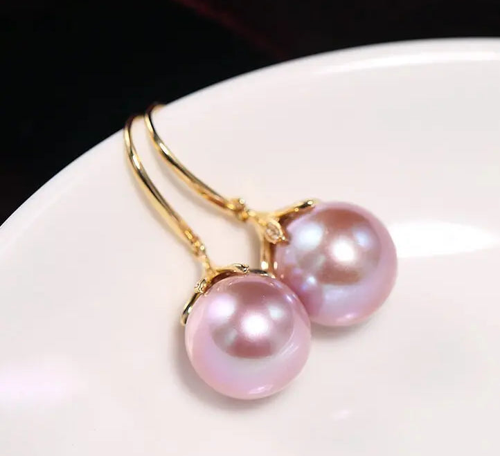 11-12mm Natural High Luster Pink Purple Pearl Earrings 18k Solid Yellow Gold Pearl Earrings, Pink Pearl Earrings, Gift Idea, Gift for Mom Etsy