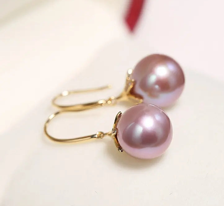 11-12mm Natural High Luster Pink Purple Pearl Earrings 18k Solid Yellow Gold Pearl Earrings, Pink Pearl Earrings, Gift Idea, Gift for Mom Etsy