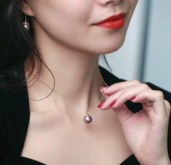 11-12mm Natural High Luster Purple Pearl Necklace 18k Solid Yellow Gold White Diamond Note Necklace, Anniversary Gift Idea, Gift for Mom Etsy