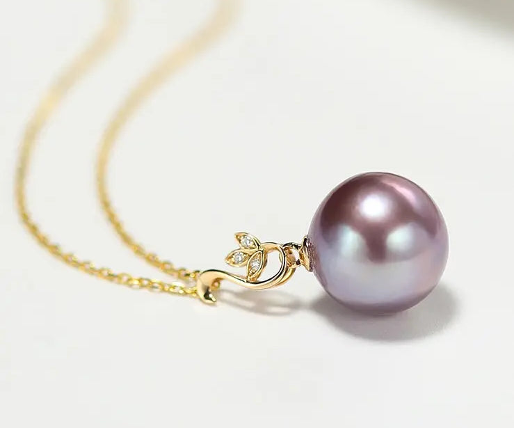 11-12mm Natural High Luster Purple Pearl Necklace 18k Solid Yellow Gold White Diamond Note Necklace, Anniversary Gift Idea, Gift for Mom Etsy