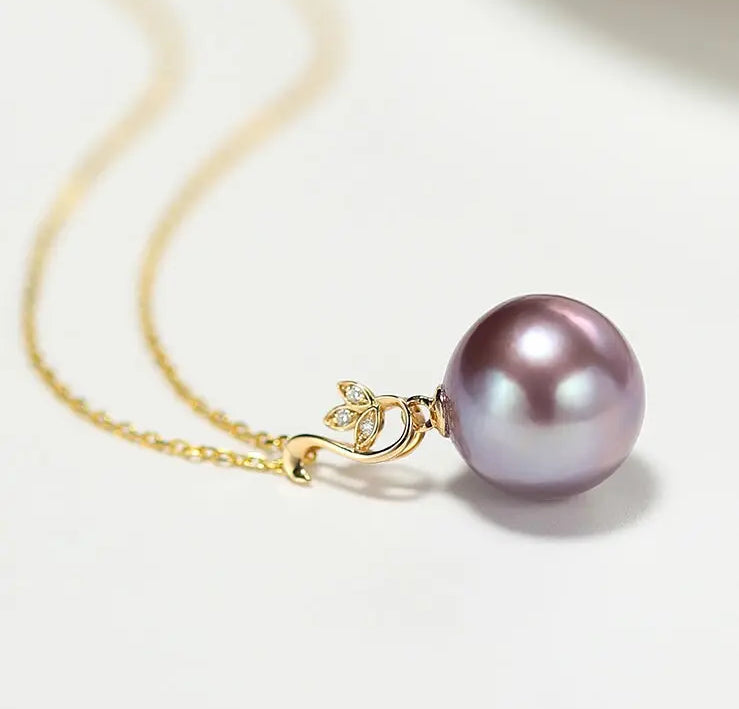 11-12mm Natural High Luster Purple Pearl Necklace 18k Solid Yellow Gold White Diamond Note Necklace, Anniversary Gift Idea, Gift for Mom Etsy