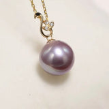 11-12mm Natural High Luster Purple Pearl Necklace 18k Solid Yellow Gold White Diamond Note Necklace, Anniversary Gift Idea, Gift for Mom Etsy