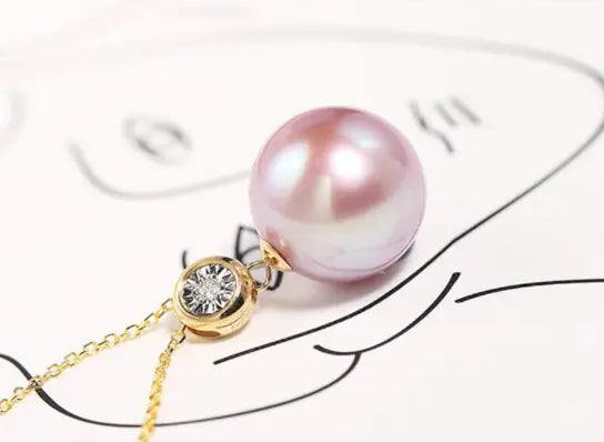 12-13mm Natural High Luster Pink Purple Pearl Necklace 18k Solid Yellow Gold White Diamond Necklace, Anniversary Gift Idea, Gift for Mom Etsy