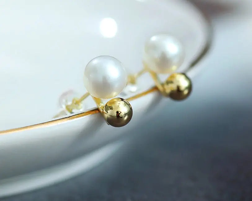 7-8mm Natural High Luster White Pearls Earrings, 18k Gold Plated Vermeil Stud Earrings, Golden Ball Earrings, Anniversary Gift Idea Etsy