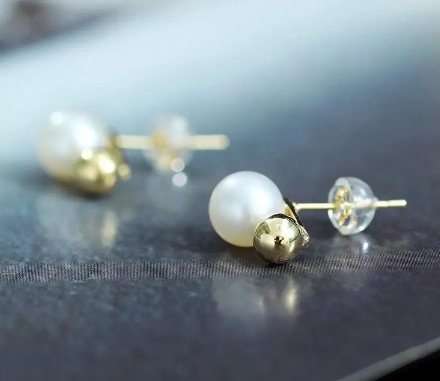 7-8mm Natural High Luster White Pearls Earrings, 18k Gold Plated Vermeil Stud Earrings, Golden Ball Earrings, Anniversary Gift Idea Etsy