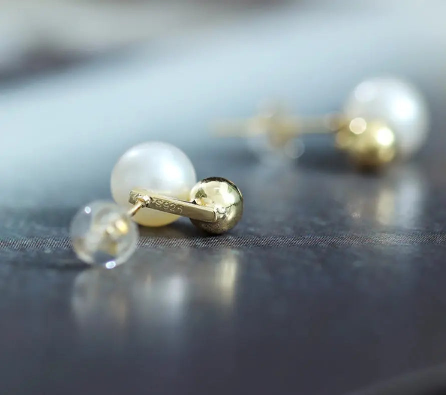 7-8mm Natural High Luster White Pearls Earrings, 18k Gold Plated Vermeil Stud Earrings, Golden Ball Earrings, Anniversary Gift Idea Etsy