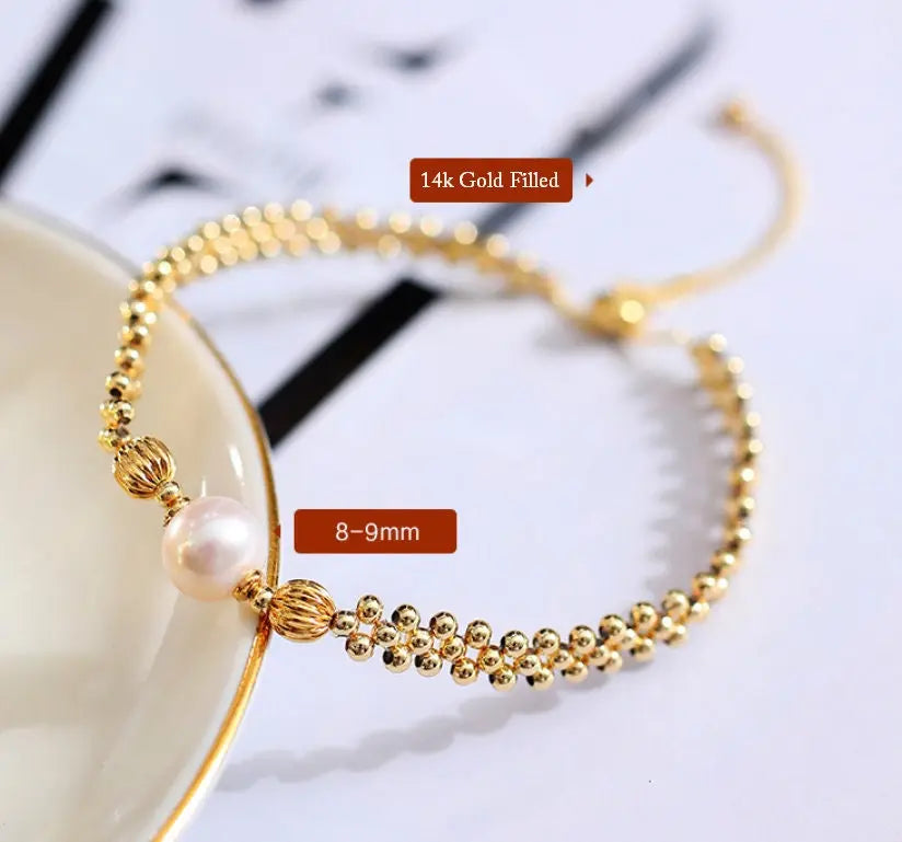 8-9mm Natural High Luster White Pearl Bracelets 14K Gold Filled Granulation Golden Bracelets, Gift for Her, Anniversary Gift Idea Etsy
