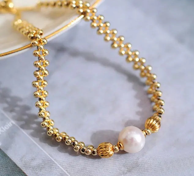 8-9mm Natural High Luster White Pearl Bracelets 14K Gold Filled Granulation Golden Bracelets, Gift for Her, Anniversary Gift Idea Etsy