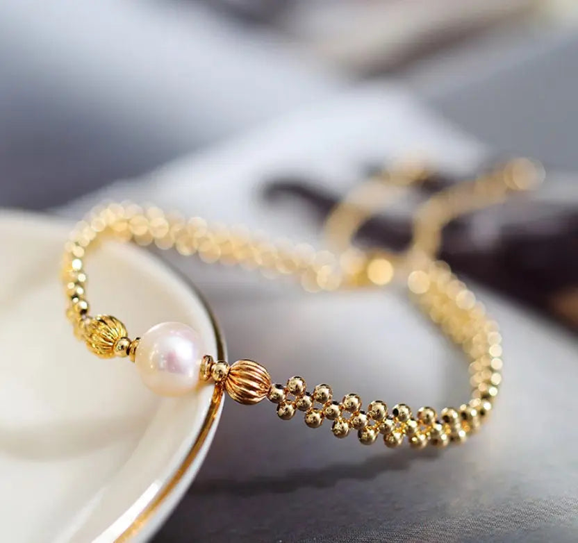 8-9mm Natural High Luster White Pearl Bracelets 14K Gold Filled Granulation Golden Bracelets, Gift for Her, Anniversary Gift Idea Etsy