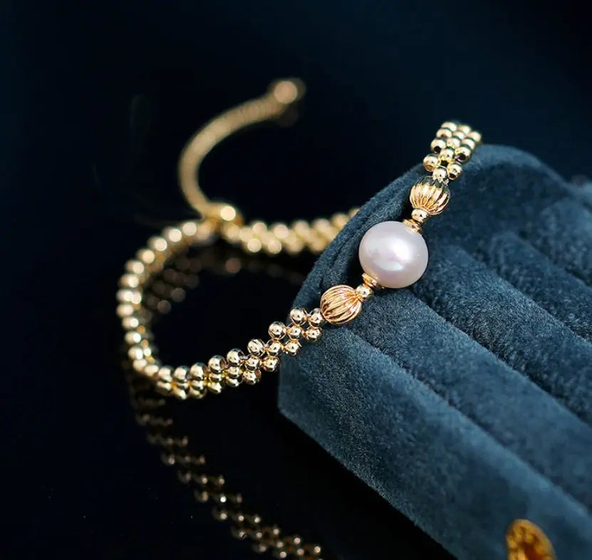 8-9mm Natural High Luster White Pearl Bracelets 14K Gold Filled Granulation Golden Bracelets, Gift for Her, Anniversary Gift Idea Etsy