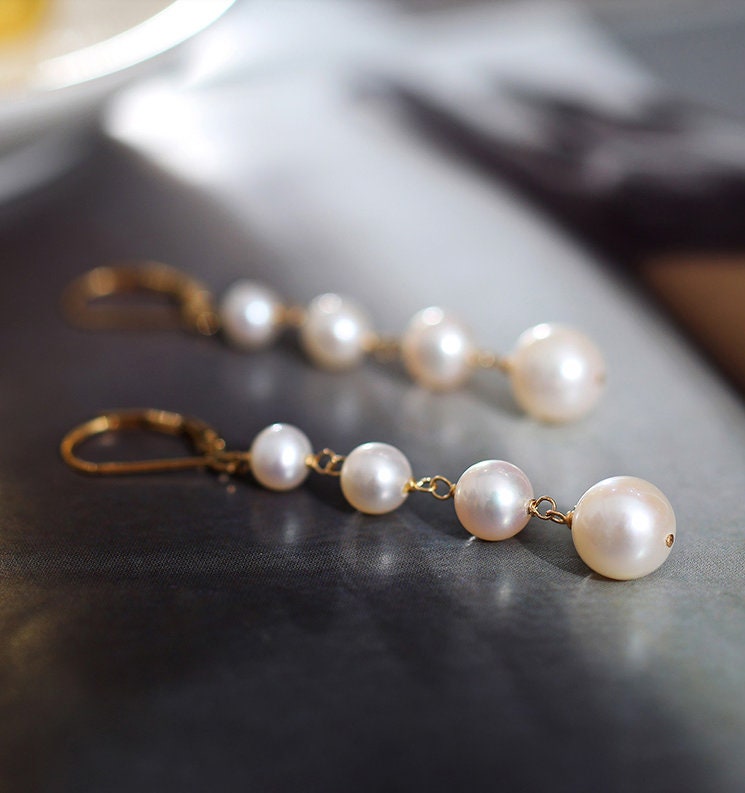 5-9mm Natural High Luster White Beaded Pearl Earrings Handmade 14k Yellow Gold Filled White Pearl Drop Earrings, high quality Gift Idea, Anniversary Idea