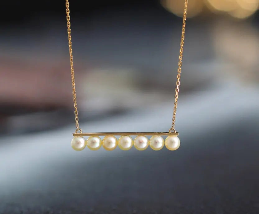 Balance Beam 18k Akoya Beaded Pearl Necklace, 18k Solid Yellow Gold Superior Akoya Champagne Pearl Necklace Etsy