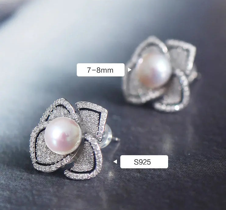 7-8mm Natural Freshwater White Pearl Earrings Handmade Silver 925 Plum Bossom Earrings, Flower Necklace, Anniversary Gift Idea, Gift for Mom Etsy