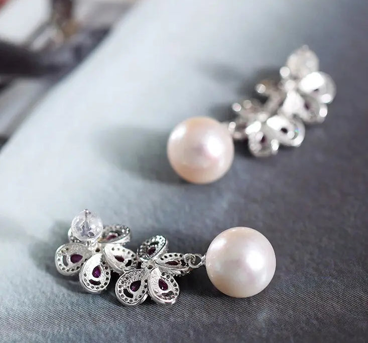 12-13mm Natural High Luster White Pearl Drop Earrings Handmade S925 Pearl Flower Earrings, Anniversary Gift Idea, Gift for Mom Etsy