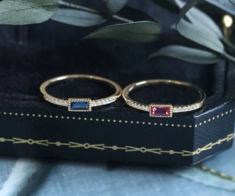Blue & Red Gemstone Horizontal Stone Ring Handmade 18K Yellow Gold Plated Vermeil Ring, Anniversary Gift Idea, Stackable Rings, Gift for Her - LaCorserArtJewelry