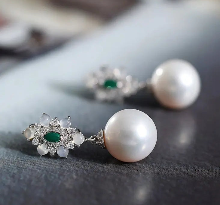 14mm Natural High Luster White Pearl & Chalcedony Cabochon Earrings Handmade 925 Silver White Pearl Earrings, Anniversary Gift Idea Etsy