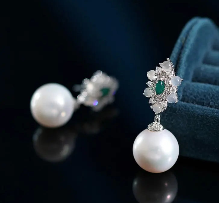14mm Natural High Luster White Pearl & Chalcedony Cabochon Earrings Handmade 925 Silver White Pearl Earrings, Anniversary Gift Idea Etsy