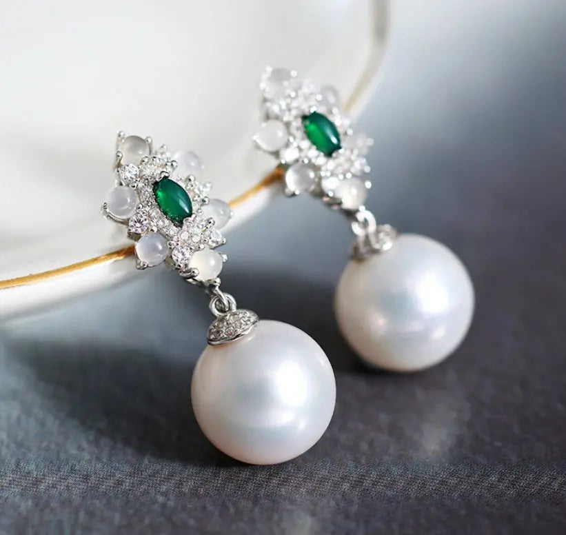 14mm Natural High Luster White Pearl & Chalcedony Cabochon Earrings Handmade 925 Silver White Pearl Earrings, Anniversary Gift Idea Etsy