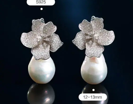 13mm Natural High Luster Baroque White Pearl Silver 925 White Pearl Earrings, Flower Earrings, Anniversary Gift Idea, Gift for Mom Etsy