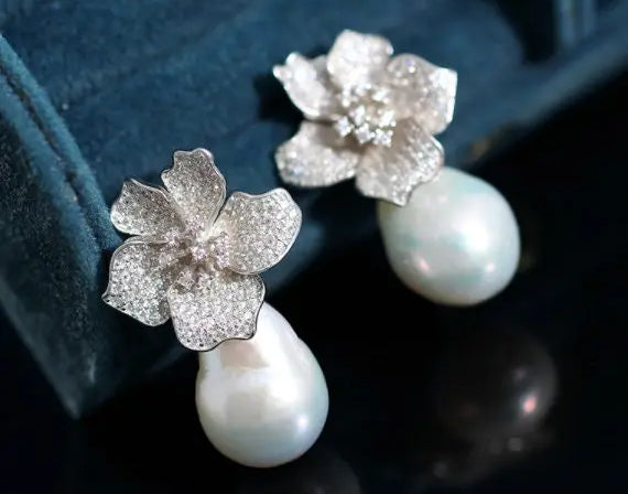 13mm Natural High Luster Baroque White Pearl Silver 925 White Pearl Earrings, Flower Earrings, Anniversary Gift Idea, Gift for Mom Etsy