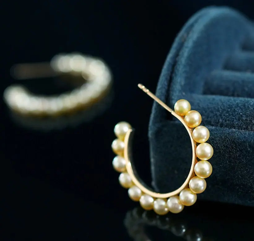 18k Solid Yellow Gold Golden Akoya Pearl Earrings, Golden Beaded Pearl Hoop Earrings Etsy